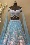 Celestial Blue Embroidered Lehenga with Flowing Cape | Designer Wedding