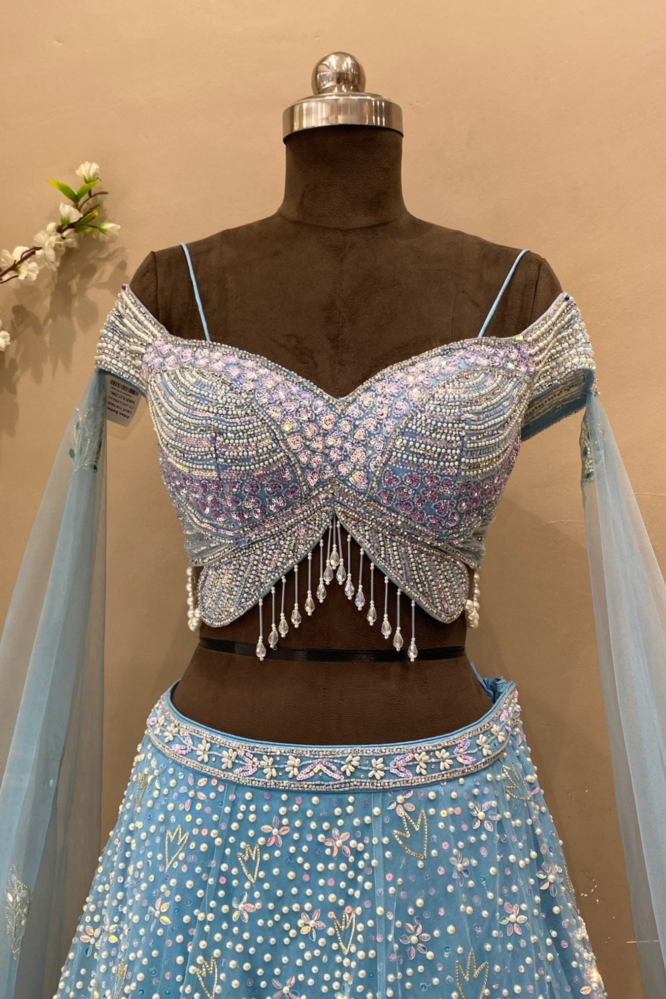 Celestial Blue Embroidered Lehenga with Flowing Cape | Designer Wedding