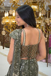 Drape detail of olive green abstract sequin pre-draped saree, premium ethnic wear from Urban Dulhaniya