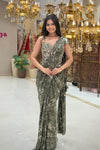 Full front view of olive green sequin ready to wear saree with handwork blouse, designer bridal wear at Urban Dulhaniya Pune