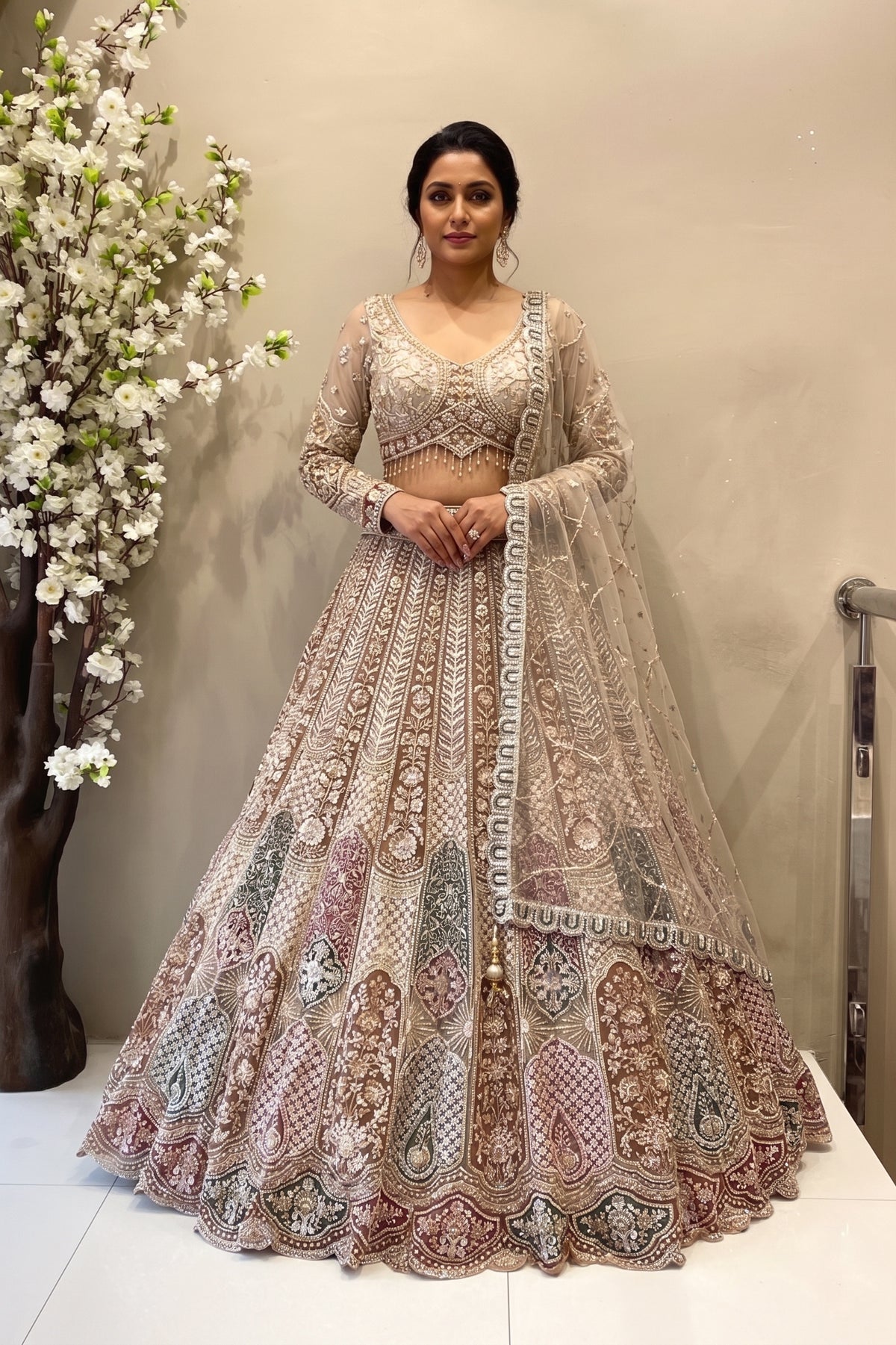 Multi-Color Heavy Beads Work Bridal Lehenga | Long Sleeve Couture Set