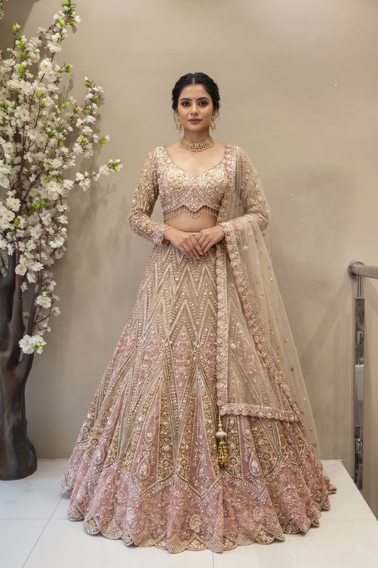Champagne Gold & Pink Heavy Beads Work Lehenga | Zig-Zag Pattern Bridal Set