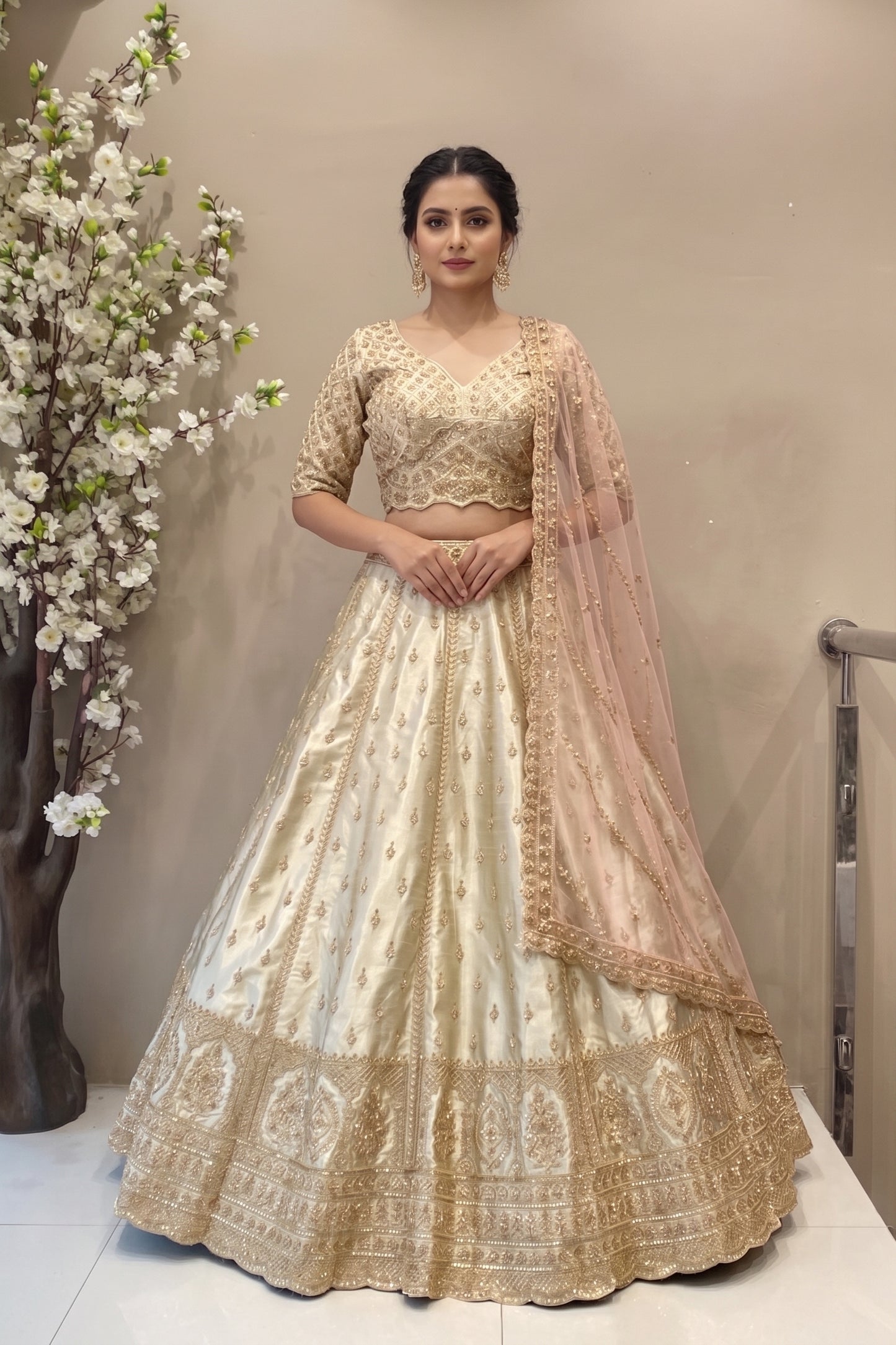 Ivory Tissue Raw Silk Beads Work Lehenga | Heirloom Bridal Trousseau Collection