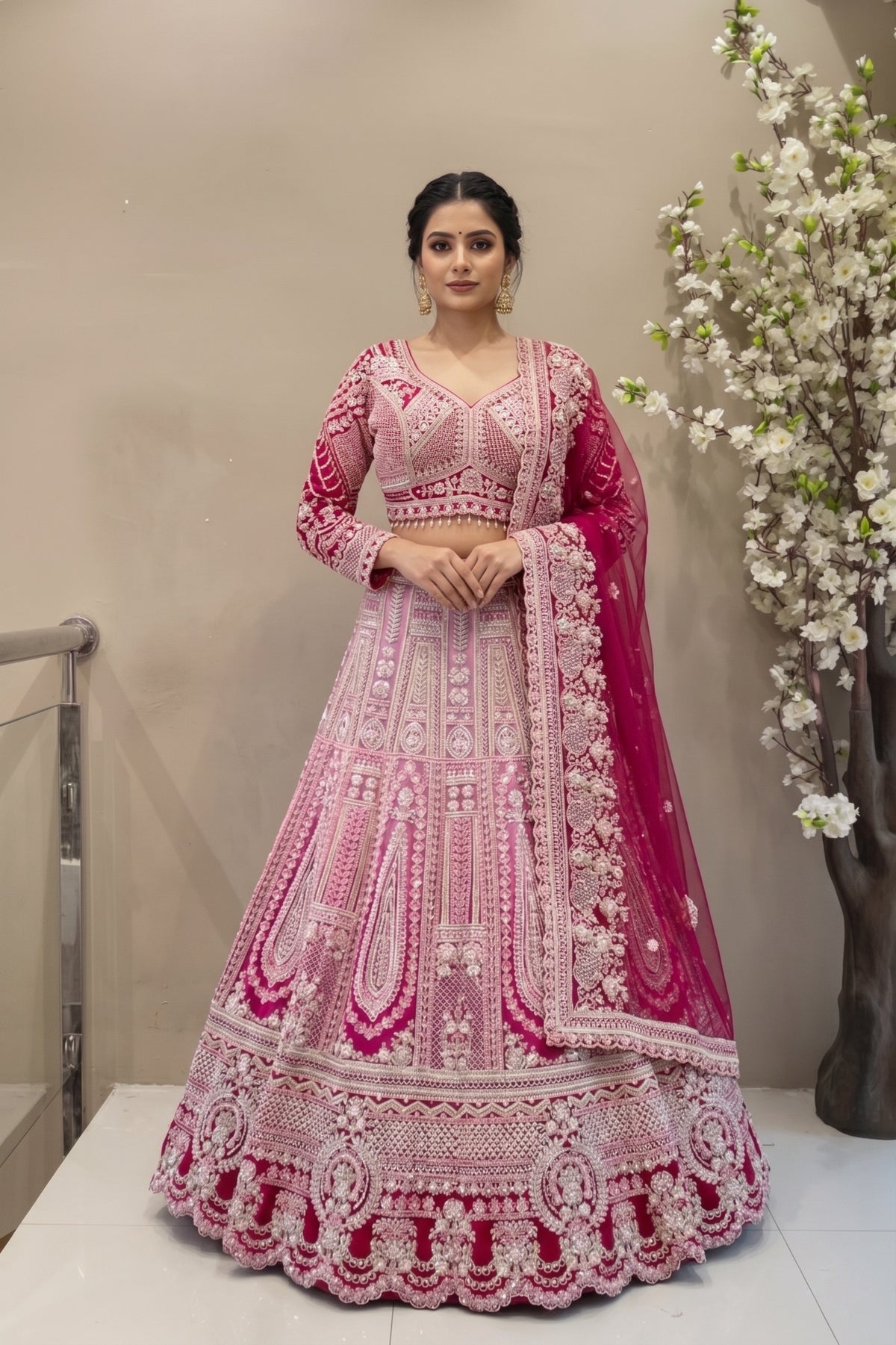 Ombre Pink & Magenta Bridal Lehenga | Heavy Crystal Embroidery