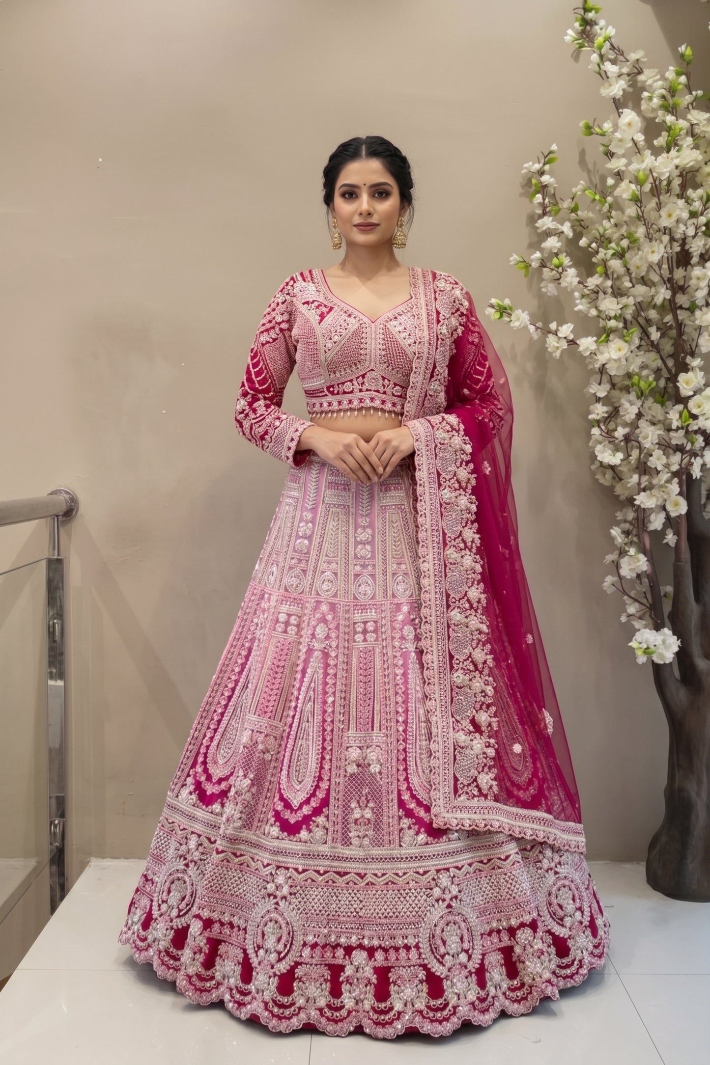 Ombre Pink & Magenta Bridal Lehenga | Heavy Crystal Embroidery