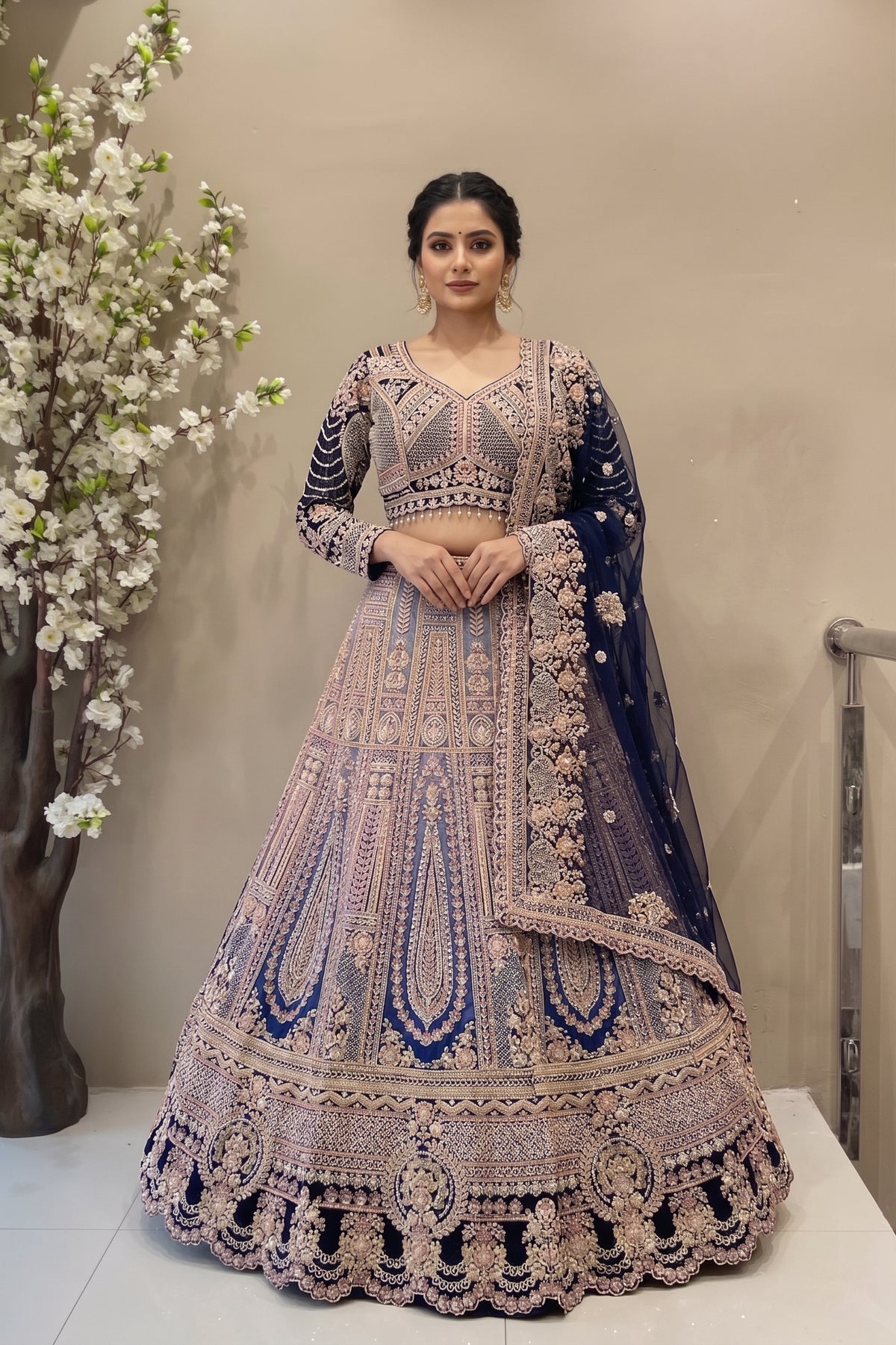 Luxury Midnight Blue Ombre Embroidered Reception Lehenga