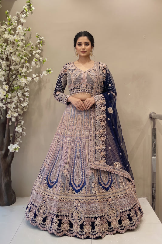 Luxury Midnight Blue Ombre Embroidered Reception Lehenga