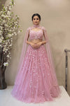Blush Pink 3D Floral Indo-Western Lehenga| Choker Neck Cape Sleeve Set