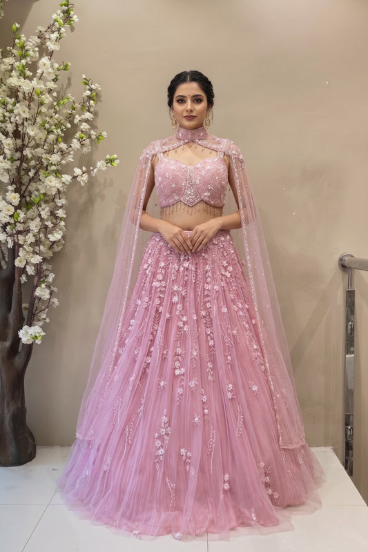 Blush Pink 3D Floral Indo-Western Lehenga| Choker Neck Cape Sleeve Set