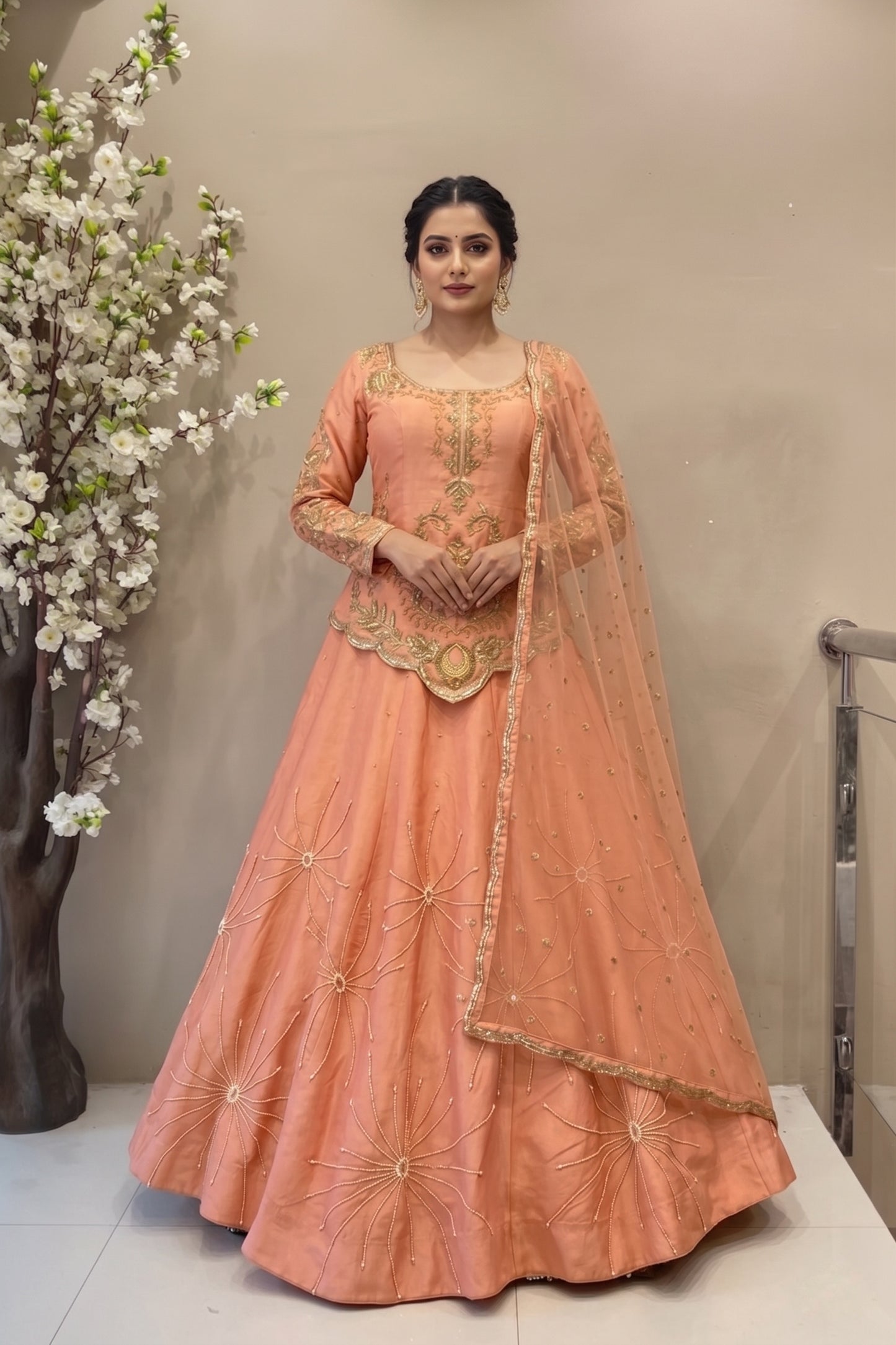 Peach Tissue Fabric Handcrafted Sharara | Designer Wedding Wear