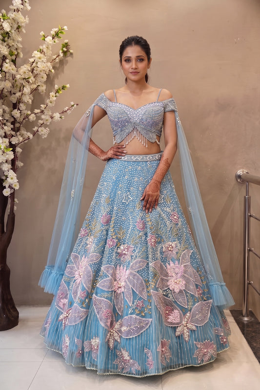 Celestial Blue Embroidered Lehenga with Flowing Cape | Designer Wedding