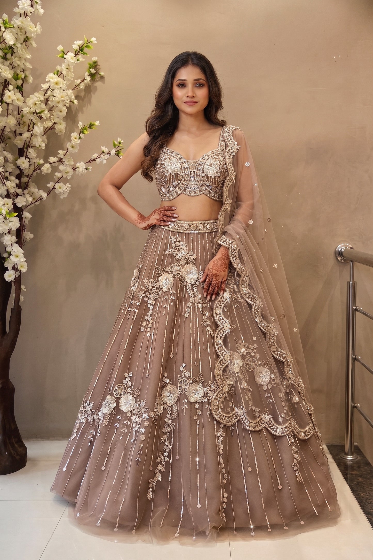 Mocha Brown Hand Embroidered Lehenga Choli with Heavy Dupatta | Wedding