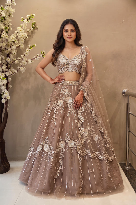 Mocha Brown Hand Embroidered Lehenga Choli with Heavy Dupatta | Wedding