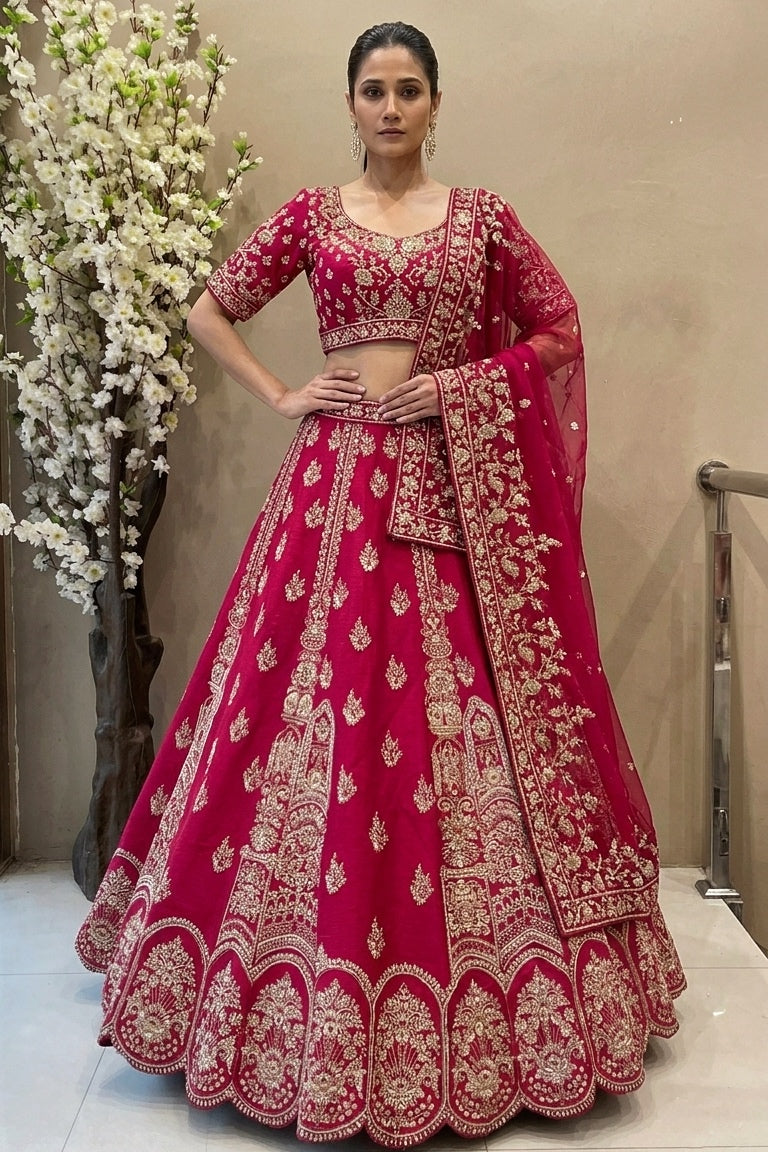 Coral Pink Zardoshi Bridal Lehenga with Organza Dupatta | Luxury Wedding Couture