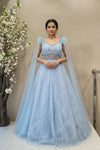 Handcrafted Sky Blue Bridal Gown with Long Sleeves & Feather Details | Designer Wedding