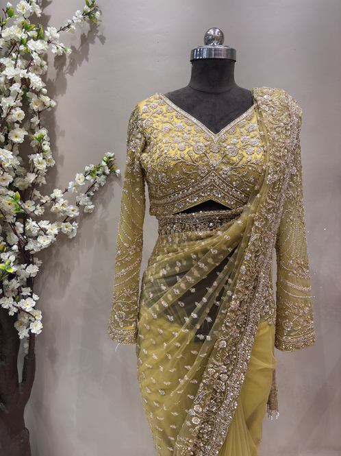 Lime Green Hand-Embellished Designer Net Saree | Luxury Bridal & Occasion Wear