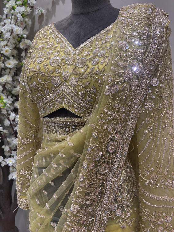 Lime Green Hand-Embellished Designer Net Saree | Luxury Bridal & Occasion Wear