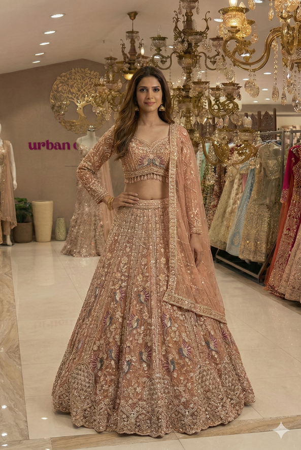 Peach Gold Beads Work Lehenga with 16 Kalis | Bridal sangeet Wear