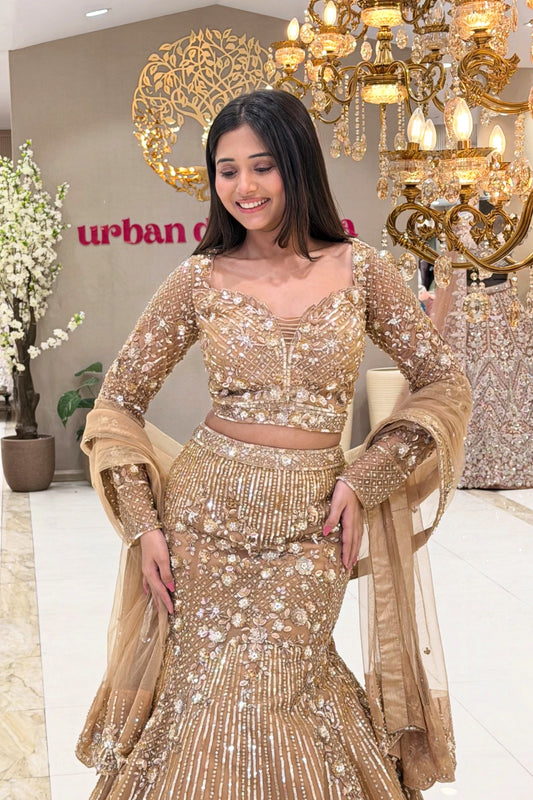 Champagne gold full sleeve lehenga blouse with sequin diamond lattice and 3D florals – Urban Dulhaniya