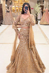 Full length champagne gold mermaid lehenga with pearl vertical embroidery – Urban Dulhaniya Pune