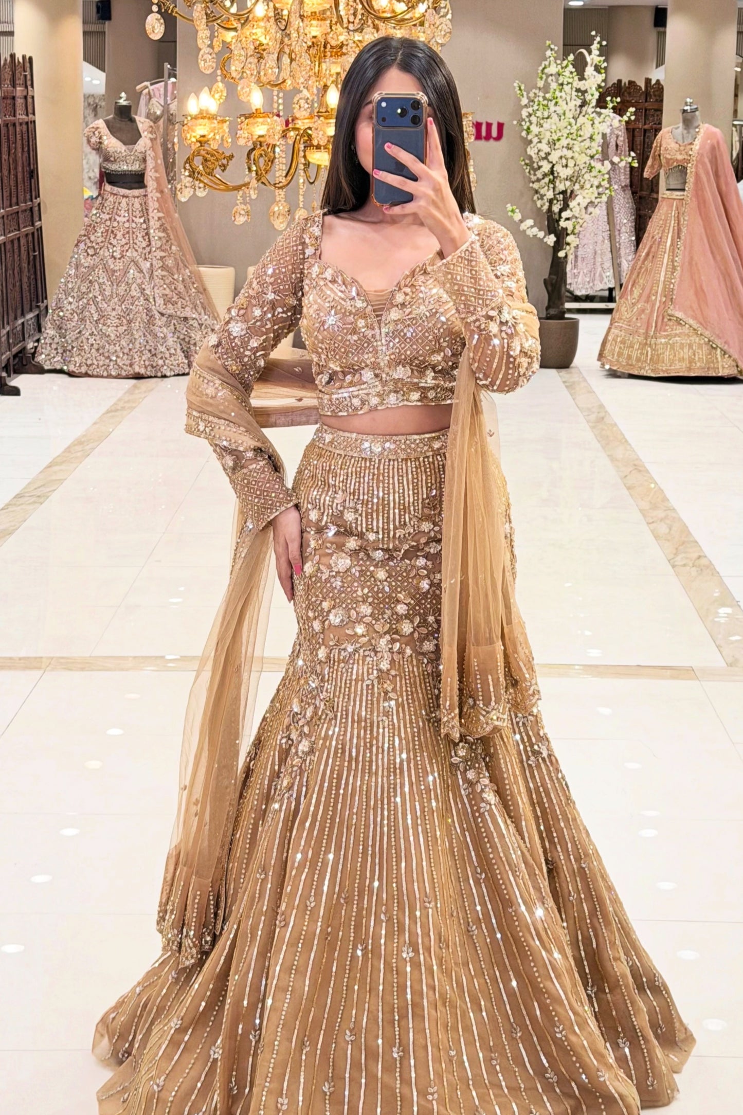 Full length champagne gold mermaid lehenga with pearl vertical embroidery – Urban Dulhaniya Pune