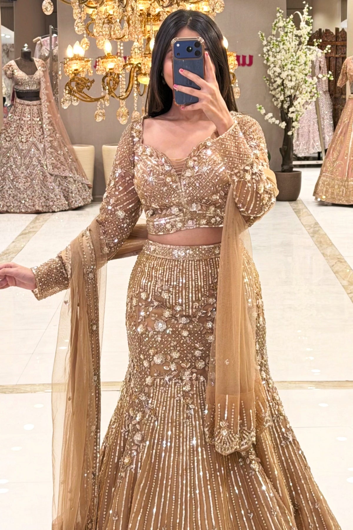Full length champagne gold mermaid lehenga with pearl vertical embroidery – Urban Dulhaniya Pune