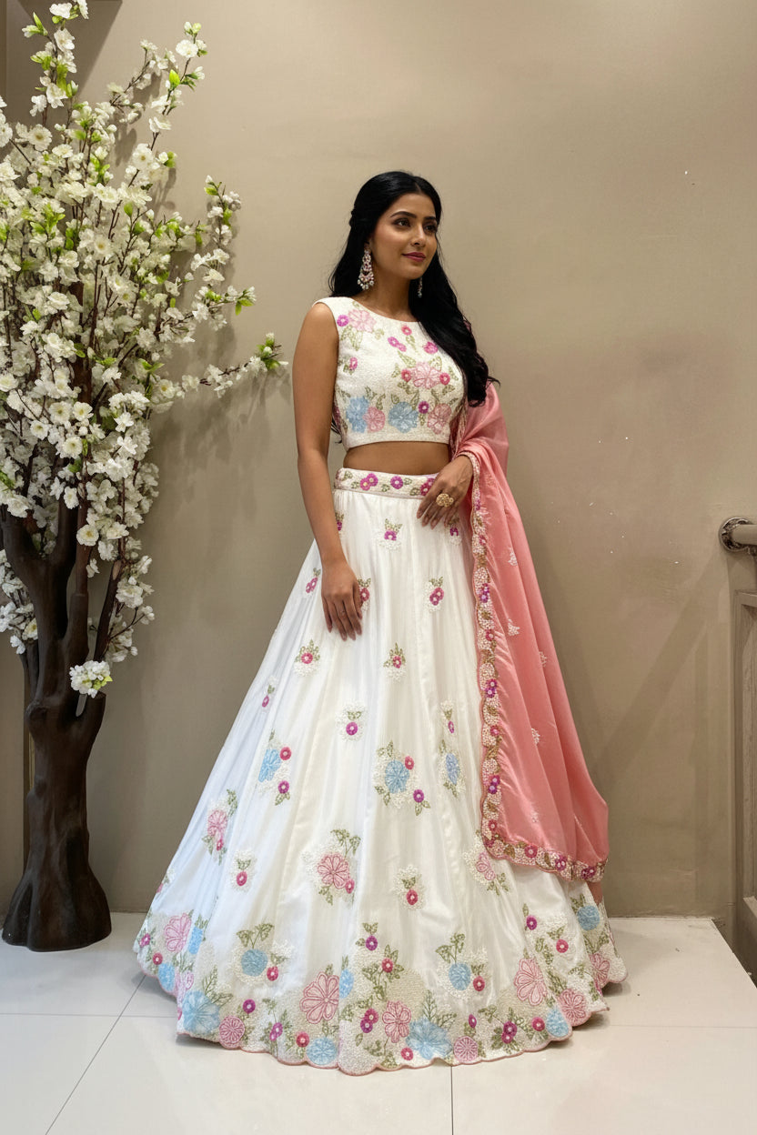 Full-length view of a luxury ivory designer lehenga featuring pastel floral embroidery and a contrasting rose pink dupatta displayed on a mannequin at Urban Dulhaniya boutique.