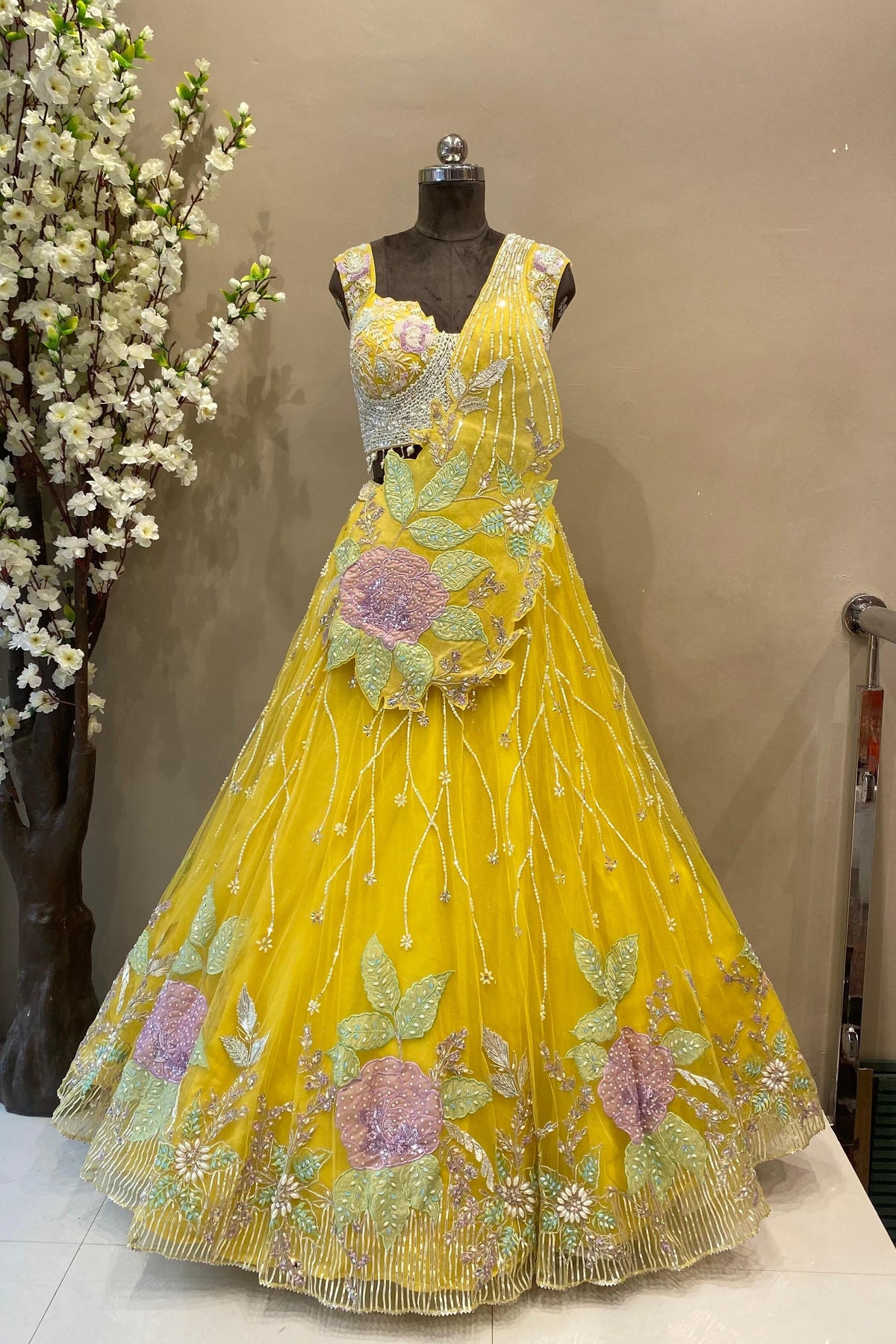 carnival theme lehenga in yellow colour