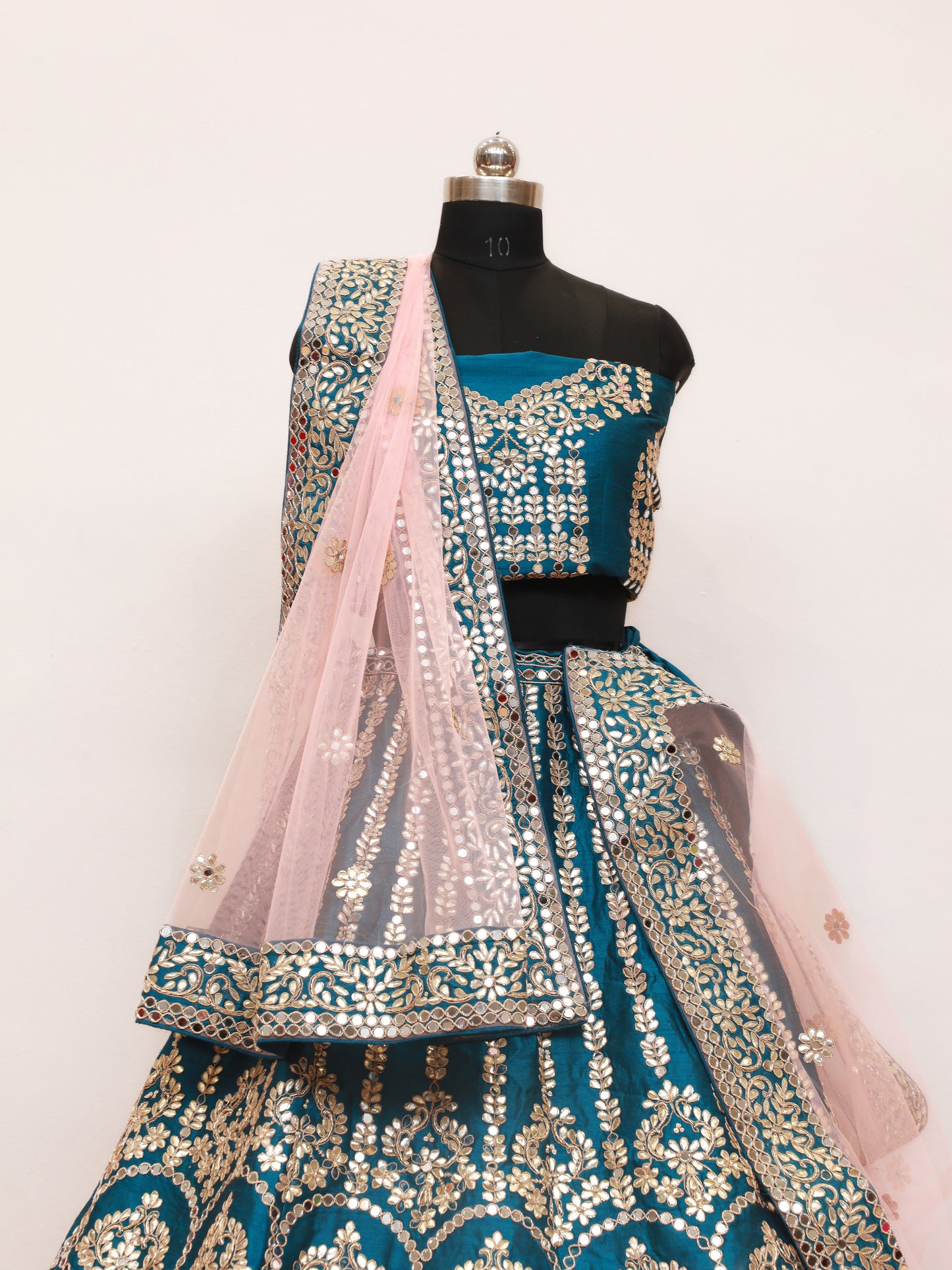 Turqouise Blue Handwork Gotta Patti Designed Along with Mirror work and Contrast Duptta and Bridal Lehegna