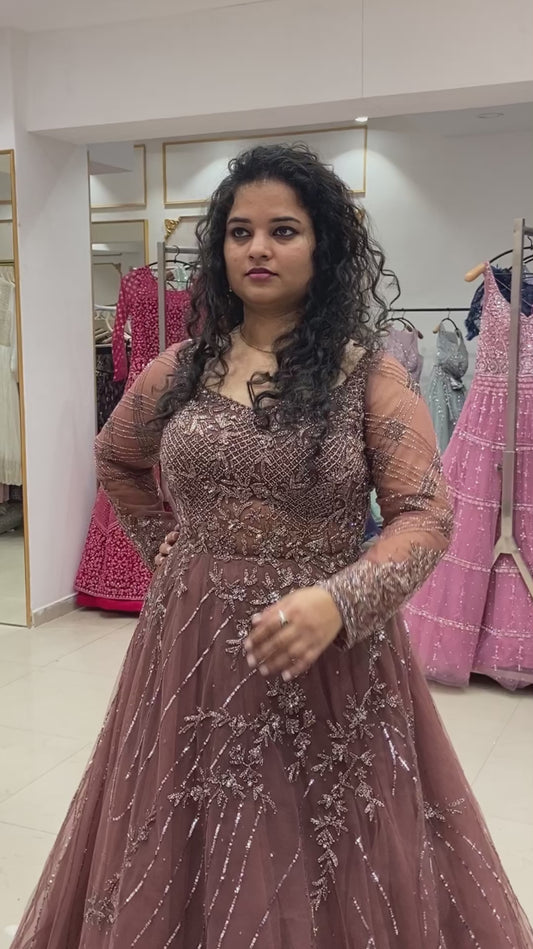Designer Coffee Colour Bridal Gown With Full Sleeves