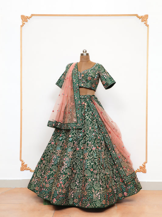 Bottle Green Silk Bridal Lehenga With Multi Floral Thread Work Design and Contrast Dupatta.