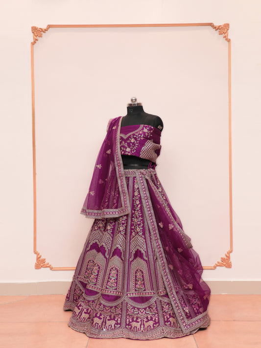Wine Silk Embroidery Lehenga With Zari Embroidery and Thread Work