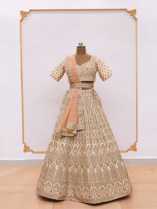 Ivory Embroidery Bridal Lehenga with peach contrast dupatta