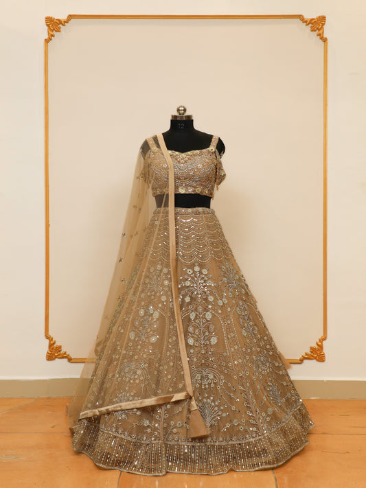 Beige Crop-Top Lehenga with Embroidery Work and Work Embelishments