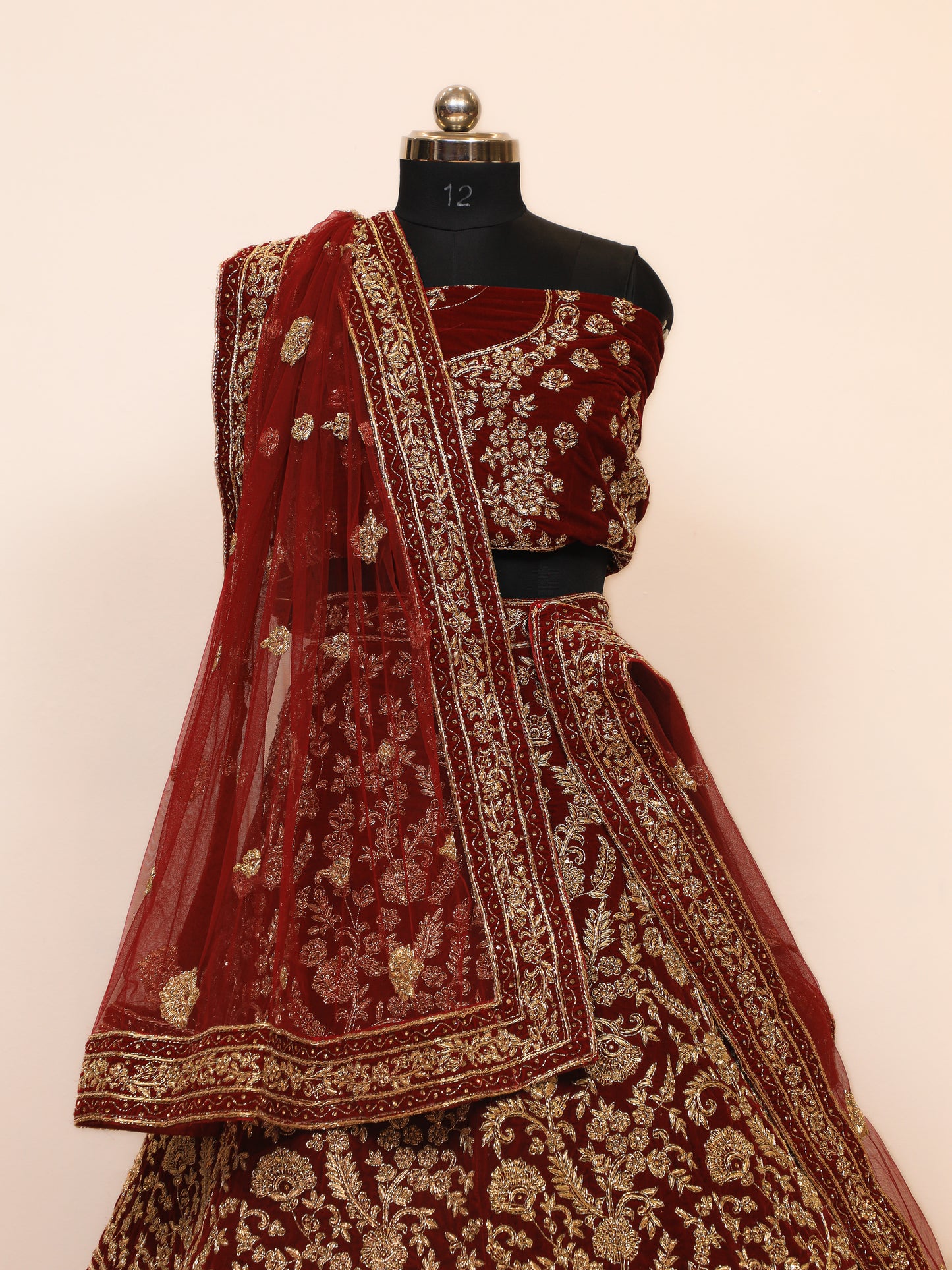 Zardoshi Bridal Lehenga in Velvet fabric and Maroon Colour