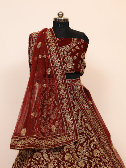 Zardoshi Bridal Lehenga in Velvet fabric and Maroon Colour