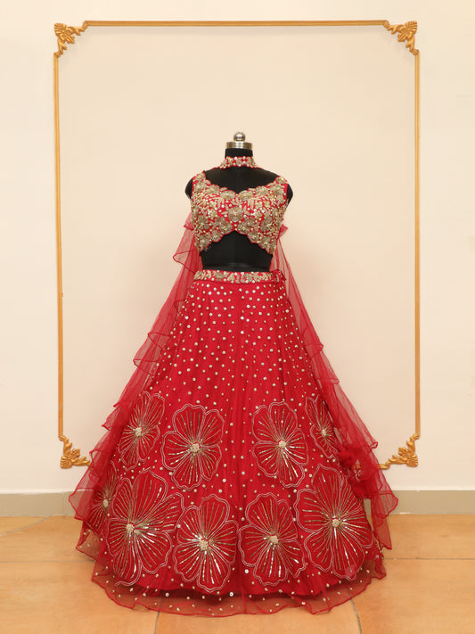 Rani Designer Lehenga for Bridesmaid with Designer cut blouse and lehenga with multiple big florals.