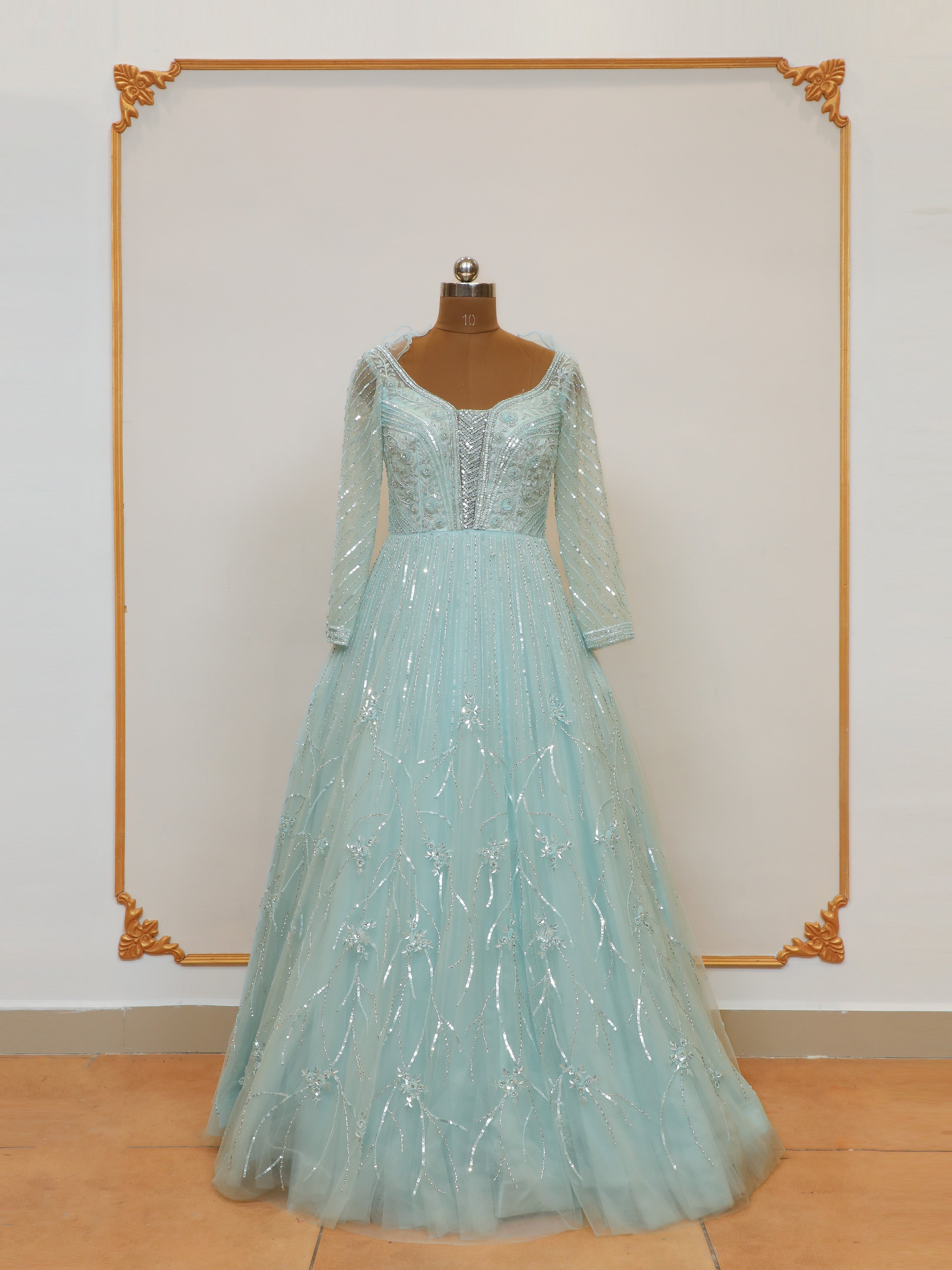 Sky Blue Digital Printed Georgette Designer Gown Design – Kaleendi