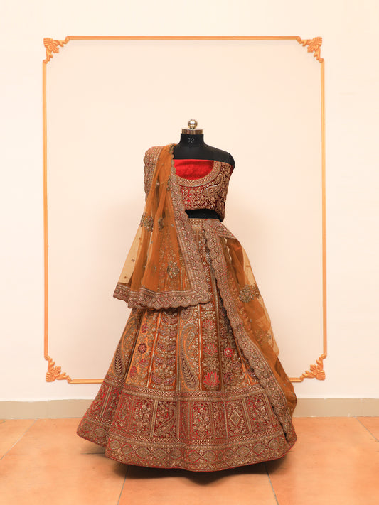 Marwad Style Bridal Lehenga in Velvet Mustard colour