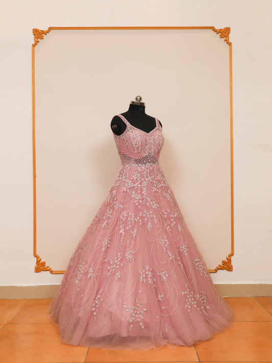 Baby Pink Bridal gown with Handwork Design using Sequin, cutdana, and zarkan embellishments.