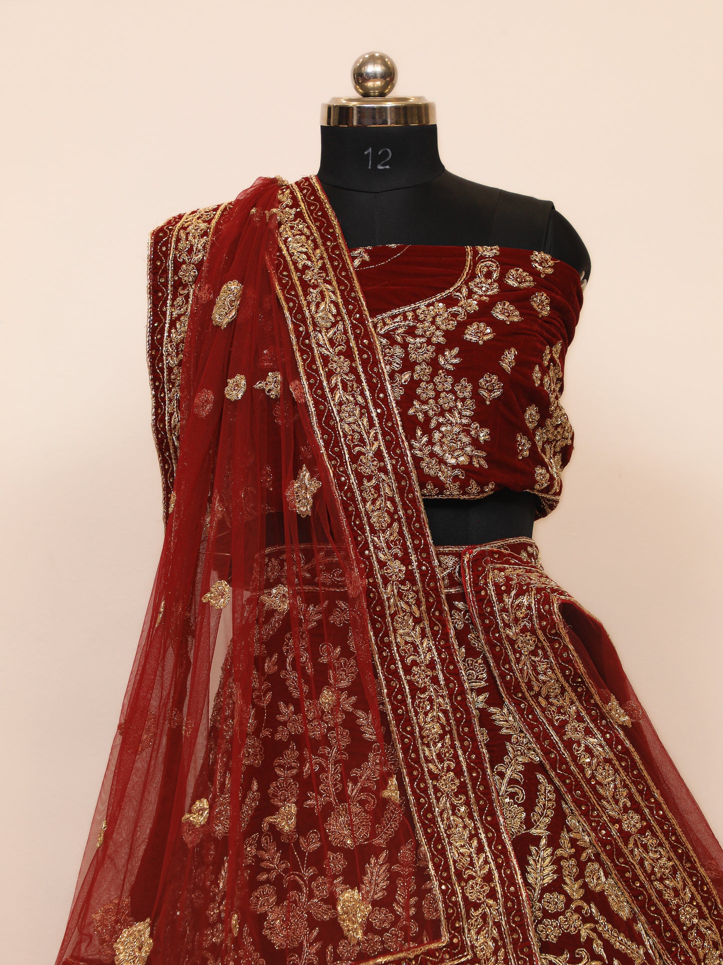 Zardoshi Bridal Lehenga in Velvet fabric and Maroon Colour