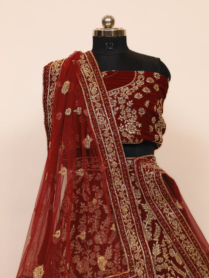 Zardoshi Bridal Lehenga in Velvet fabric and Maroon Colour