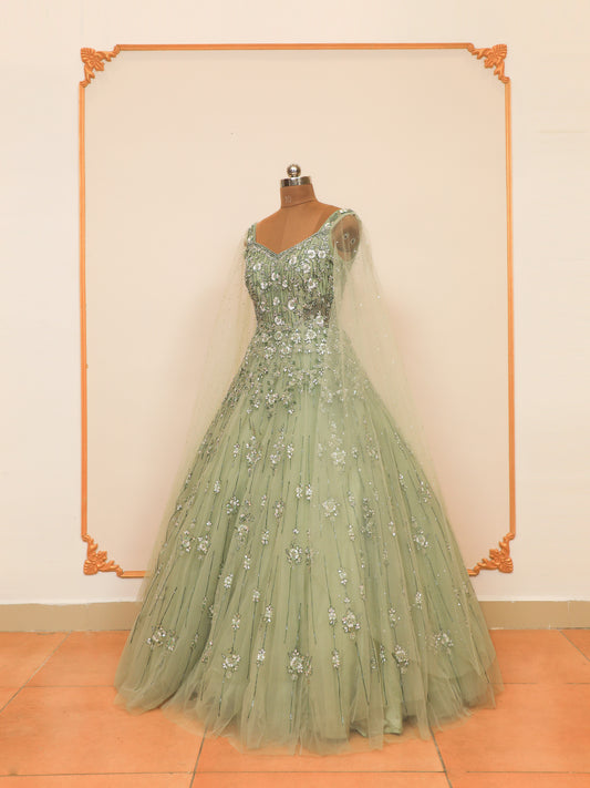 Pista Green Bridal Gown Design with Handwork, Cutdana, zarkan, thread work and Contrast sequin Floral highlights