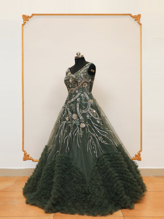 Reception Wear Ball Gown with Bottom Ruffle pattern and handwork embellishments which gives it a grand look